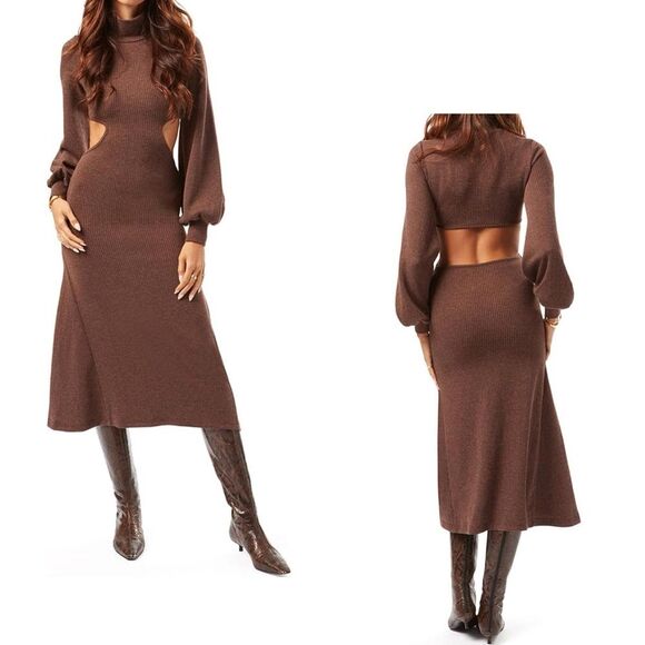 WEWOREWHAT NWT Cut-Out Turtleneck Midi Sweater Dress *Cocoa S - Picture 1 of 16